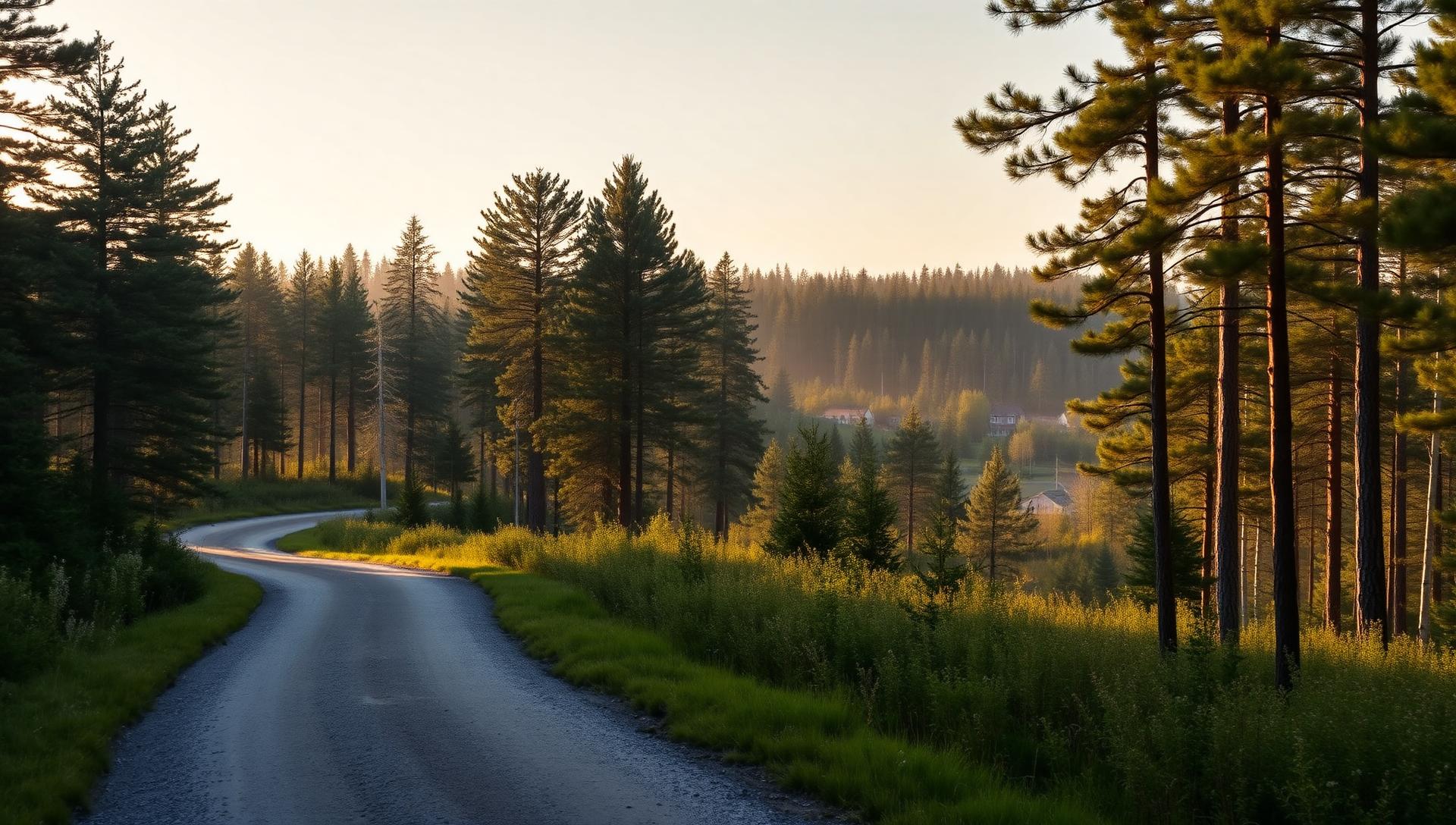 Skogsväg i kvällsljus